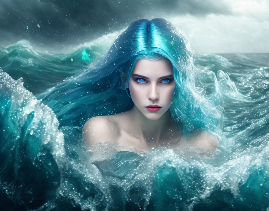 Blue-Haired Mermaid Emerges from Turbulent Ocean Waves