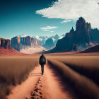 Person in coat and hat walks in fantastical landscape with cliffs and floating islands