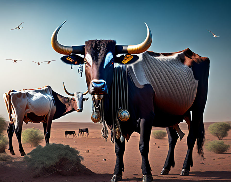 Digitally enhanced image of decorated cows in desert with birds and cattle