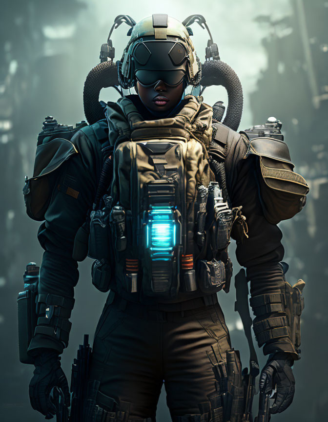 Futuristic soldier in glowing blue armor with visor and headphones