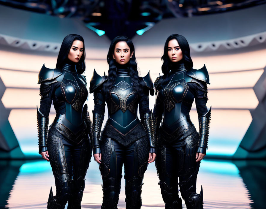 Three women in futuristic black armor against sci-fi backdrop with blue lighting