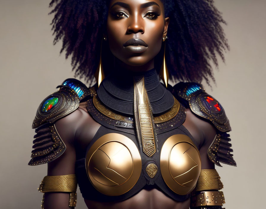 Woman in futuristic armor with striking makeup and colorful metallic details.