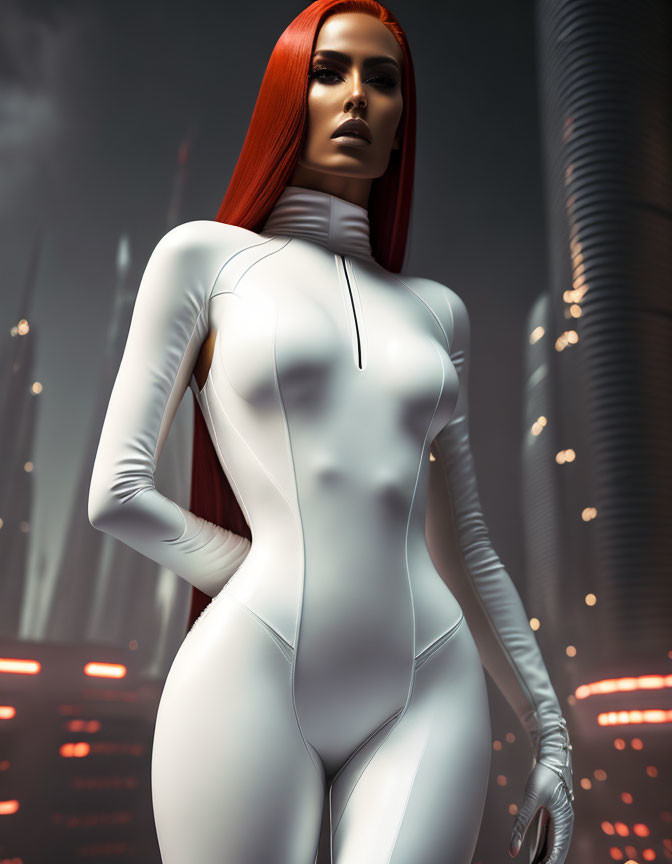 Futuristic digital art: Female figure in white bodysuit with red hair in neon cityscape