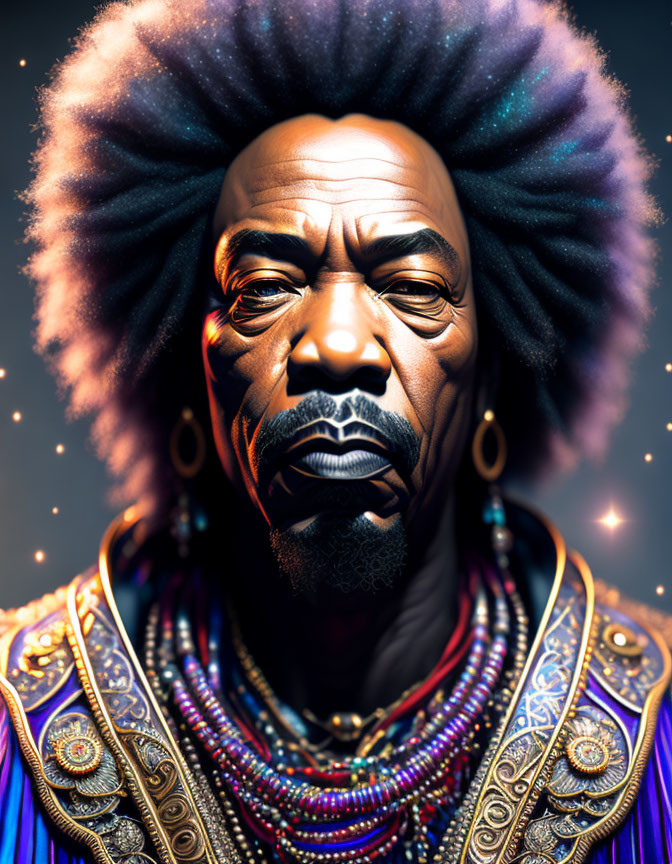 Regal person with afro in colorful garments against starry backdrop