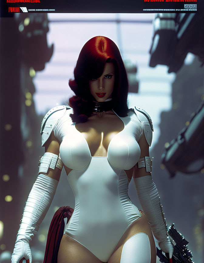 Stylized illustration of female character with red bobbed hair in futuristic white bodysuit