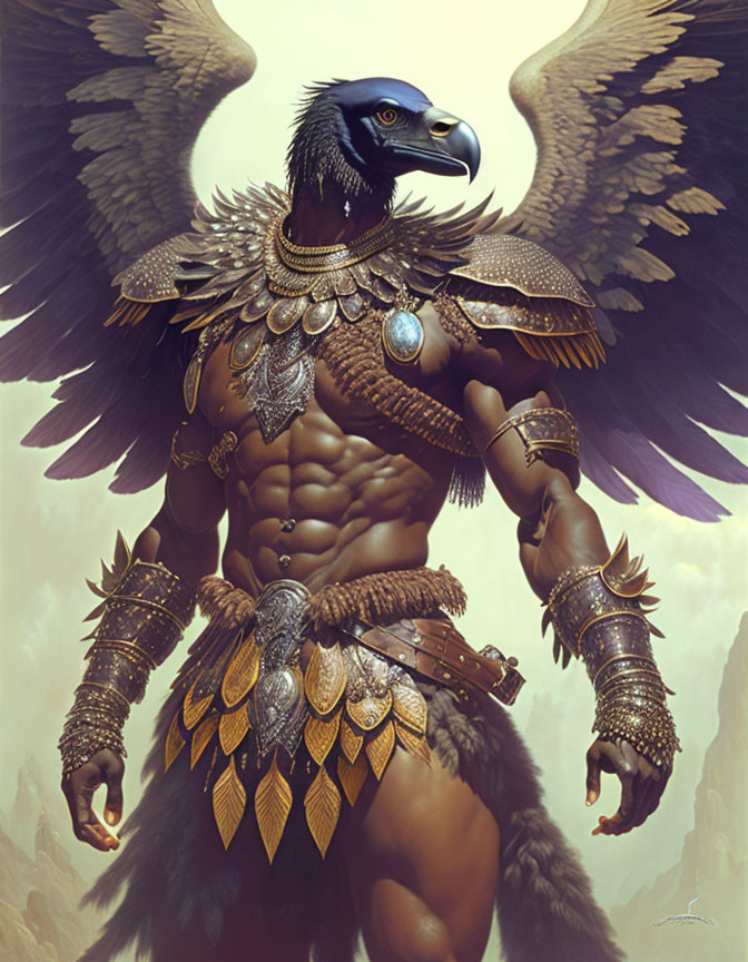 Anthropomorphic eagle warrior in ornate golden armor with spread wings