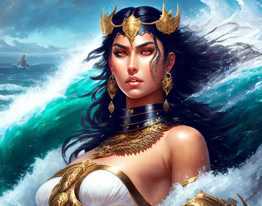 Regal warrior woman in golden armor emerges from sea waves