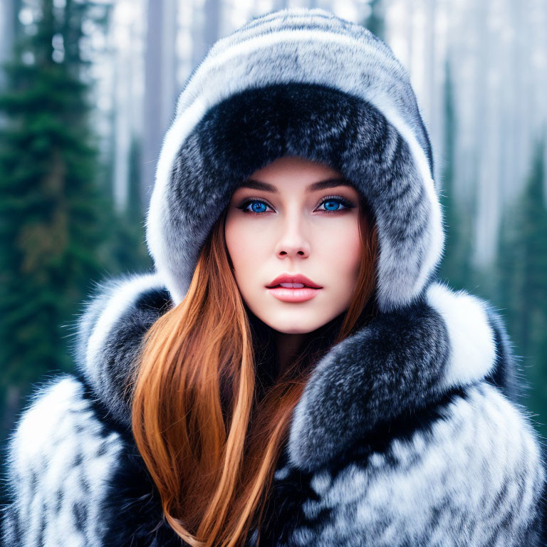 Woman with Blue Eyes in Fur Hooded Coat in Forest Setting