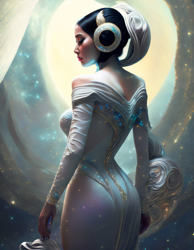 Ethereal female figure in futuristic gown against cosmic backdrop