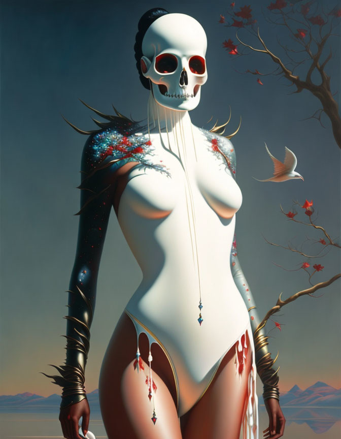 Surreal humanoid figure with skull head in nature-anatomy motifs