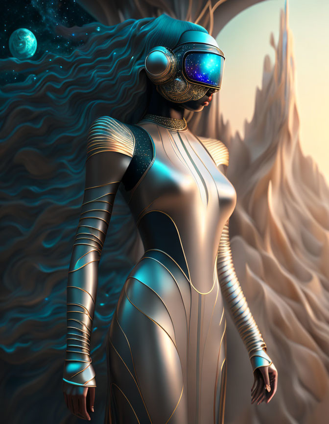 Futuristic female robot with intricate design in cosmic landscape