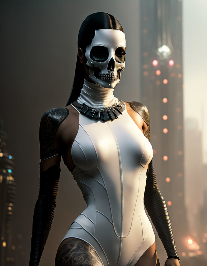 Female cyborg with skull face and tattoos in white bodysuit against foggy cityscape