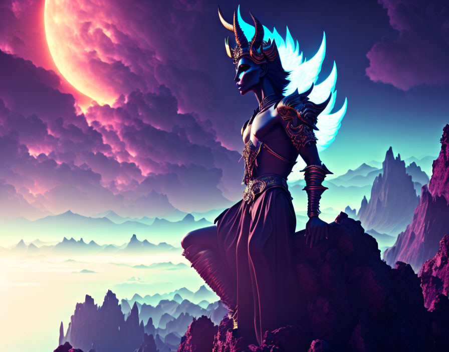 Mystical female figure with bird-like wings on mountain under purple skies