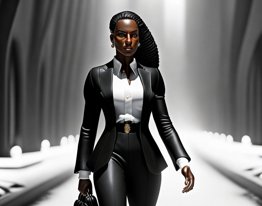 Confident black woman in chic suit walking in futuristic corridor