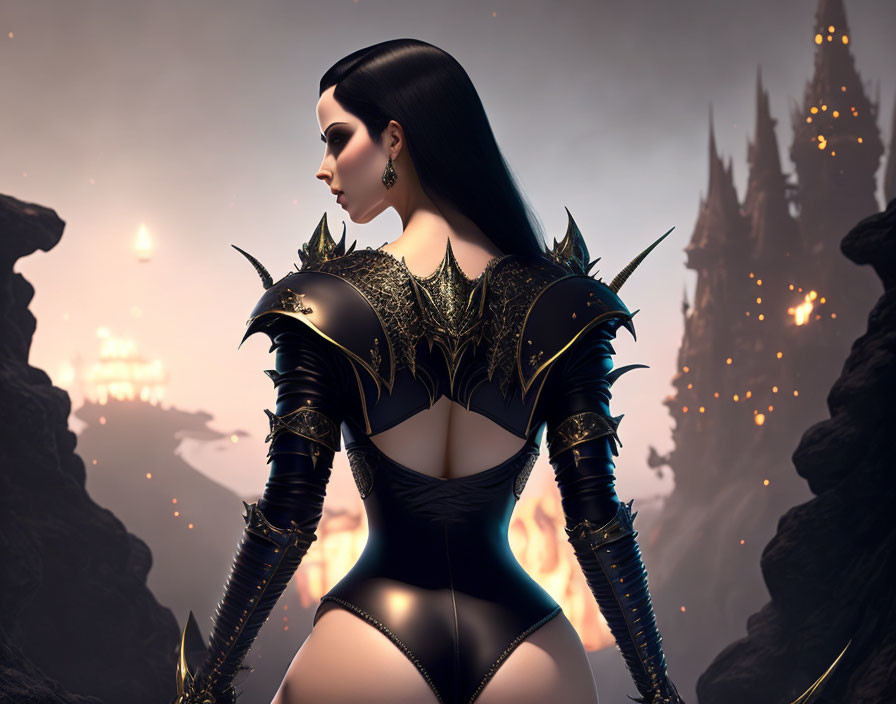 3D rendering of woman in black-and-gold armor against fiery backdrop