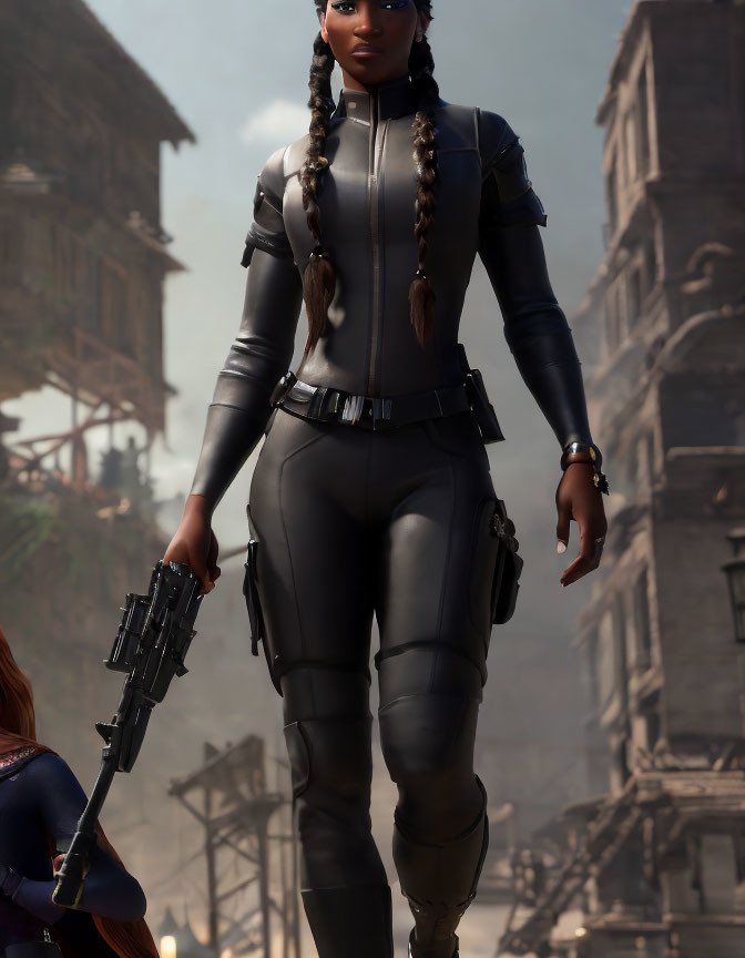 Futuristic woman in black outfit with braided hair holding a gun in urban setting