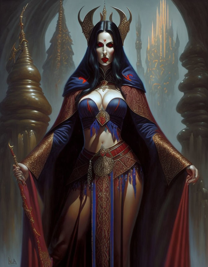 Regal female character in ornate blue and red outfit with gold accents and scepter by towering sp