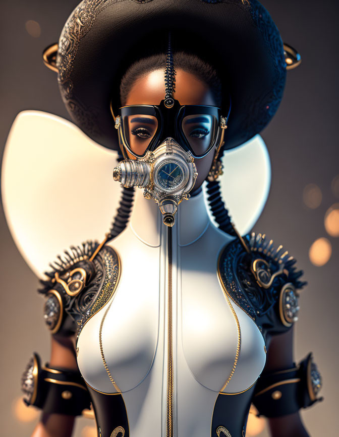 Stylized 3D portrait of woman in futuristic steampunk attire