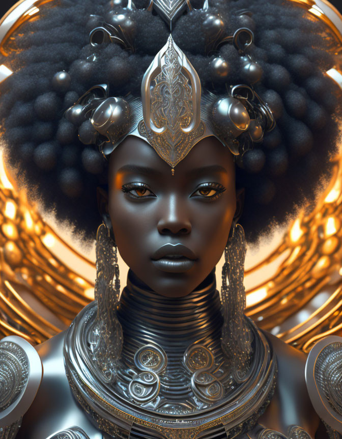 Intricate golden headpiece and armor on regal woman portrait