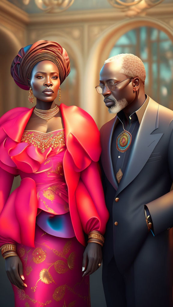 Regal Couple in Pink Traditional Attire and Grey Suit with African Accents