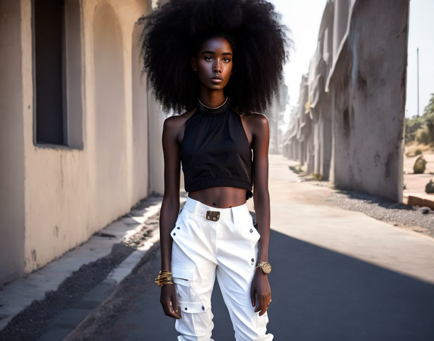 Woman with Voluminous Afro Hair in Black Crop Top and White Pants Stands on Street