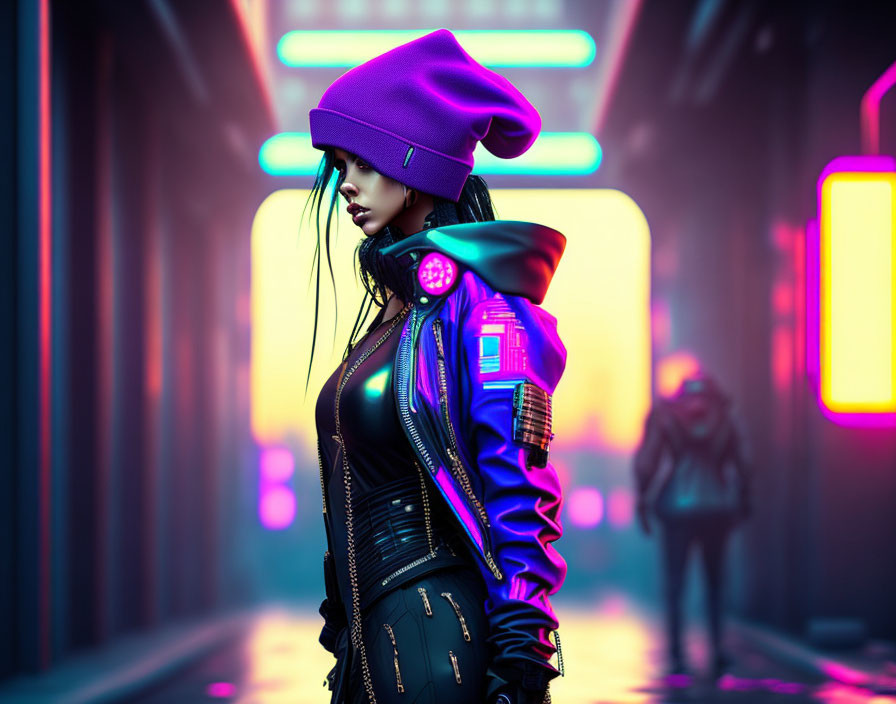 Futuristic woman in vibrant neon lights setting