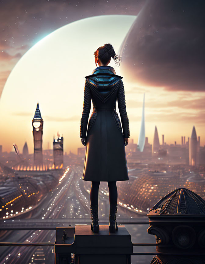 Woman on rooftop gazes at futuristic cityscape with large moon