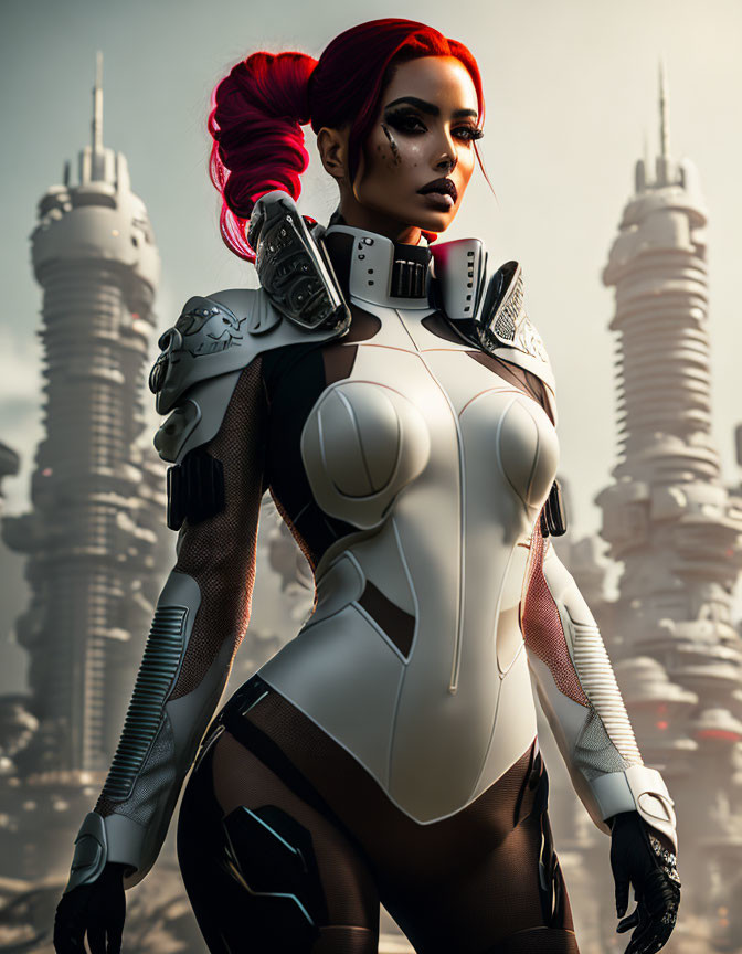 Red-haired woman in futuristic sci-fi armor suit amid skyscrapers