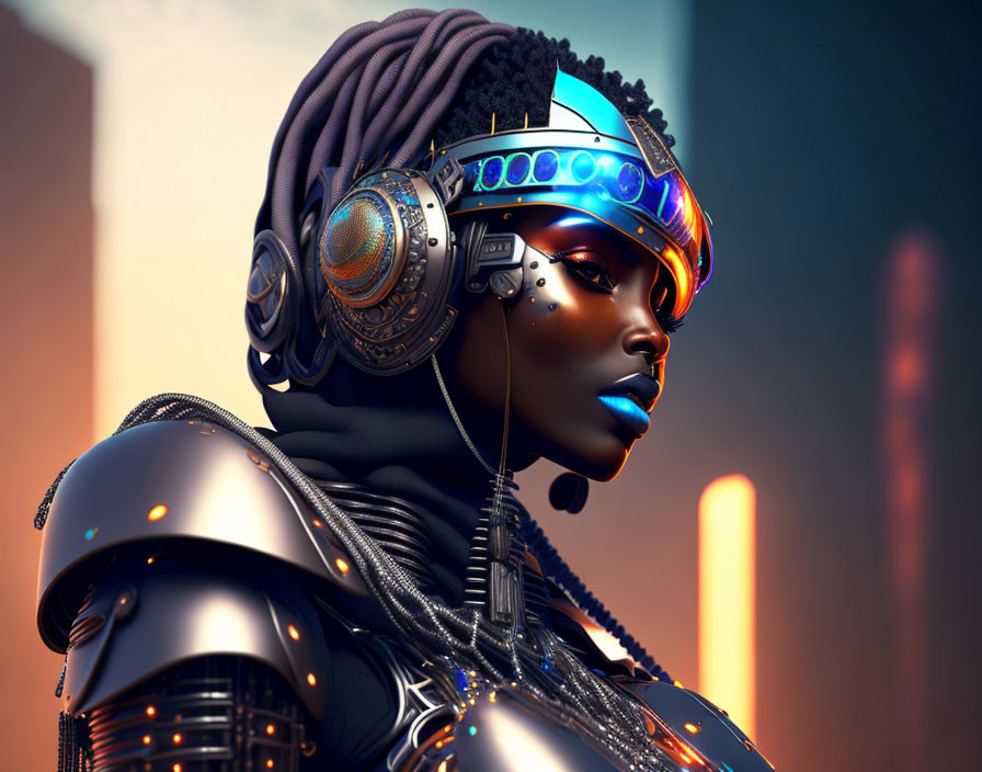 Futuristic African Woman in Elaborate Headgear and Cybernetic Armor Against Urban Backdrop