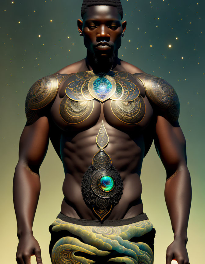 Shirtless man with metallic body art and gem-like embellishments