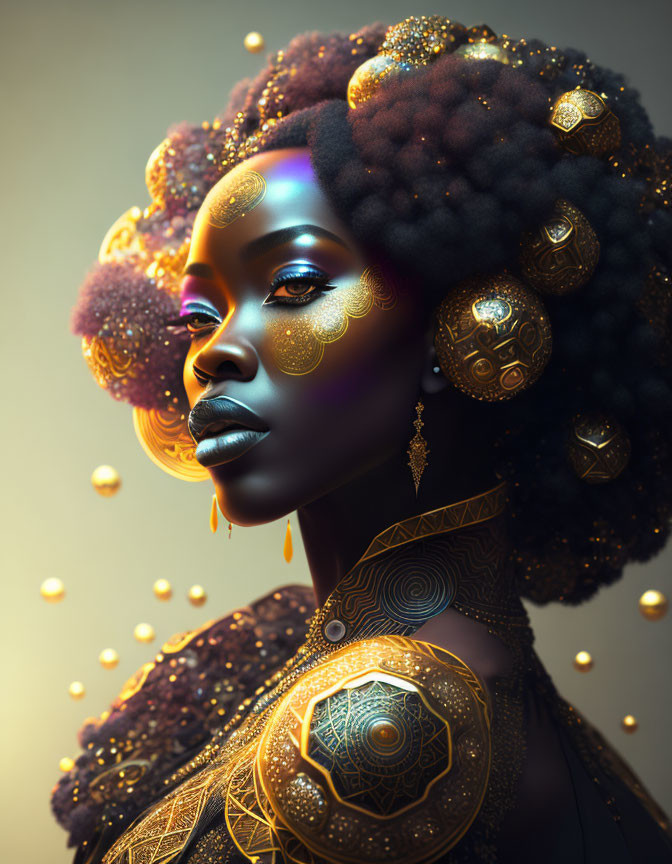 Digital art portrait of woman with ornate gold patterns, voluminous hair, and mystical aura