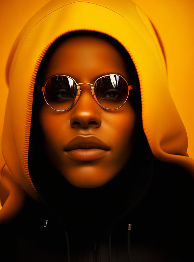 Hooded person in sunglasses against orange background