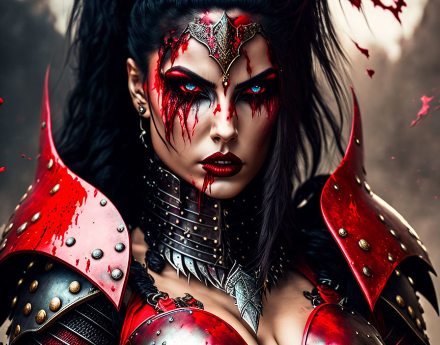 Dramatic red and black makeup on fierce woman in fantasy armor