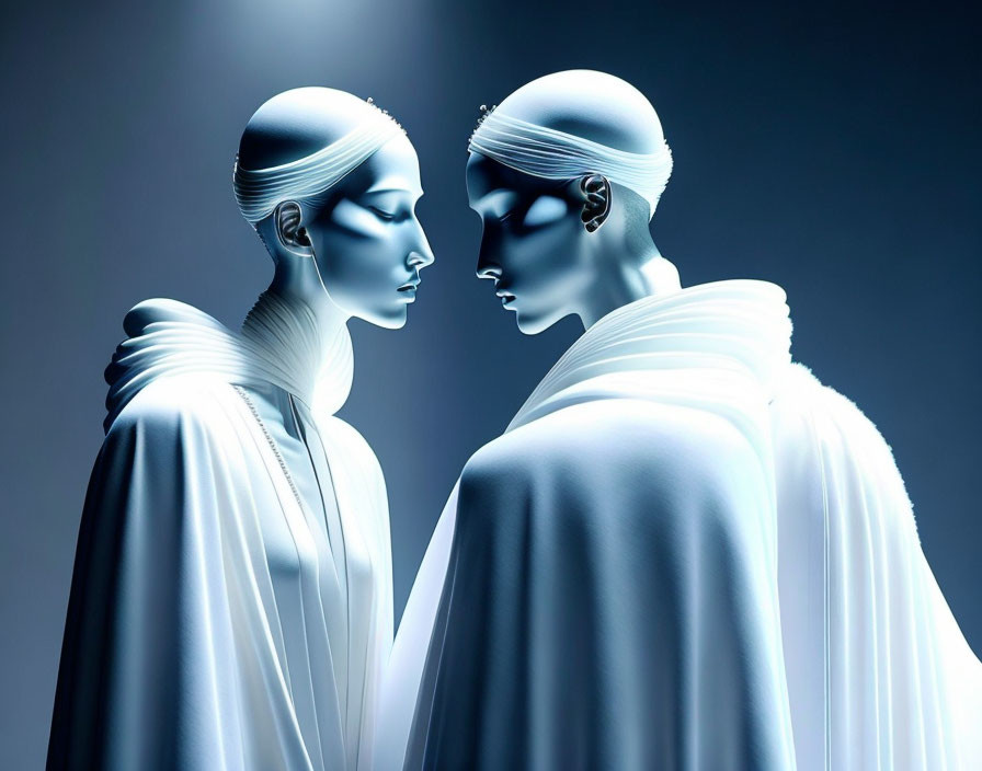 Androgynous figures in blue tones face each other on gradient background