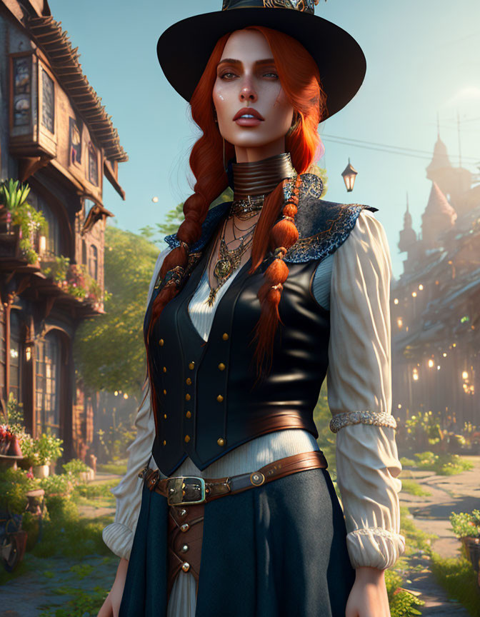 Red-haired woman in corset and hat in fantasy town setting