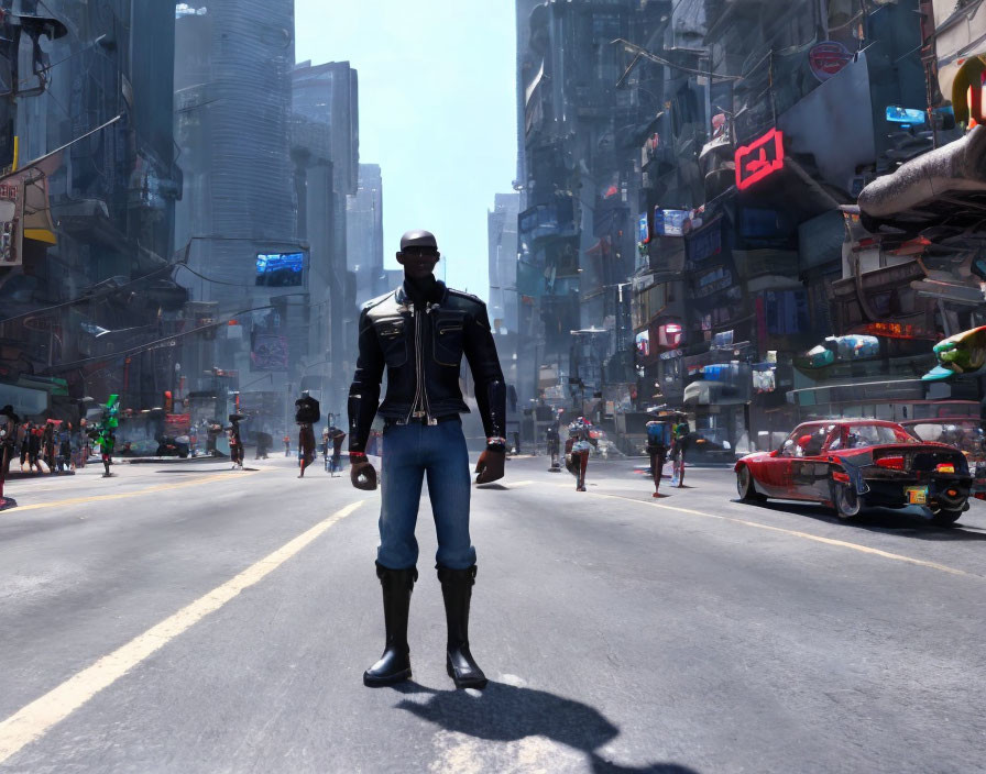 Man standing in futuristic city street with skyscrapers and flying cars.