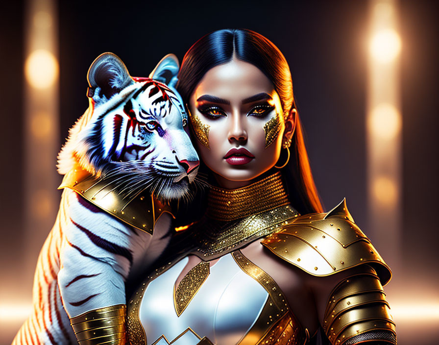 Golden-armored woman with tiger makeup beside white tiger and illuminated pillars