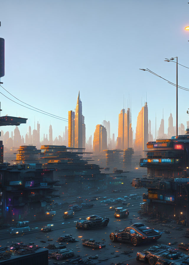 Futuristic cityscape at dusk with skyscrapers, lights, vehicles, and debris