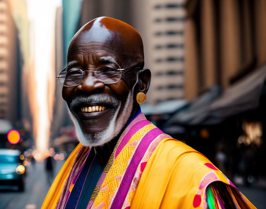 Elderly man with white beard in vibrant orange and pink robe smiling in city street scene