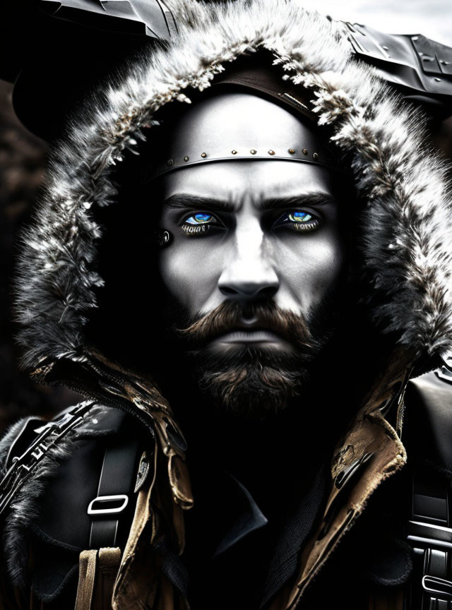 Man with piercing blue eyes in futuristic armor and fur-lined hood.