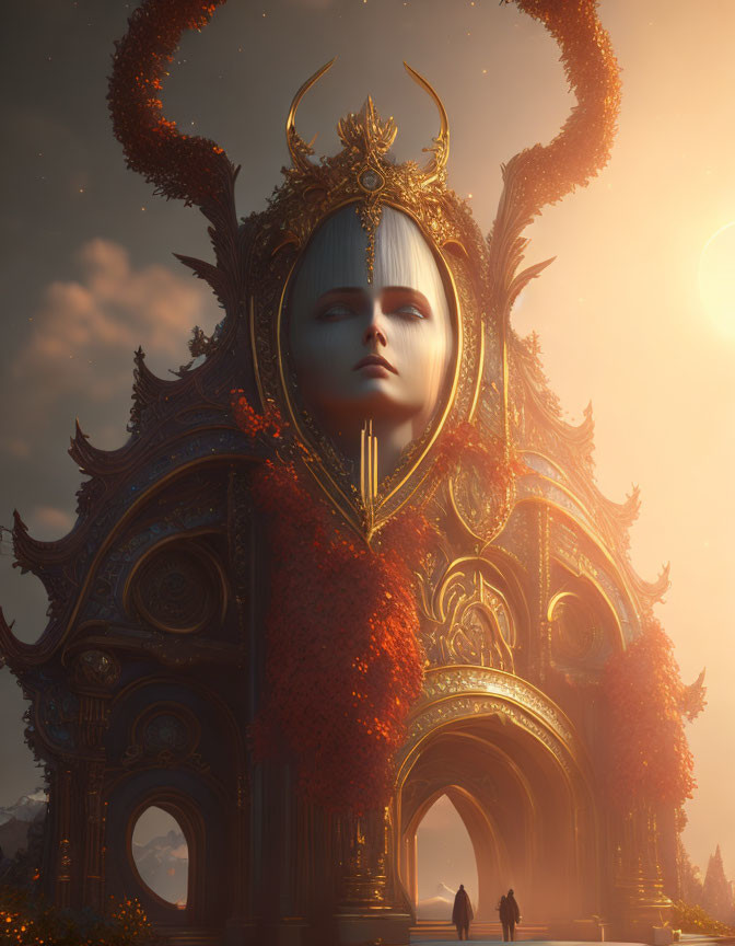 Fantastical humanoid face edifice with golden-horned headdress in sunset backdrop