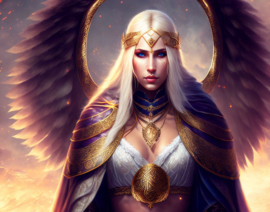 Majestic female figure with blue eyes, white hair, wings, and golden armor