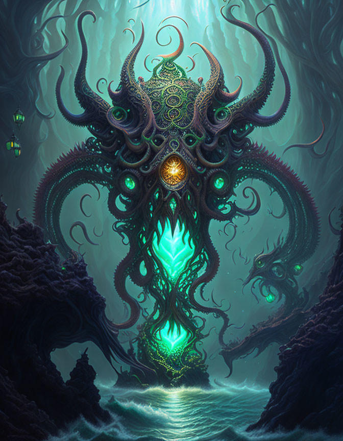 Enormous tentacled creature in ornate design, glowing elements, dark aquatic setting