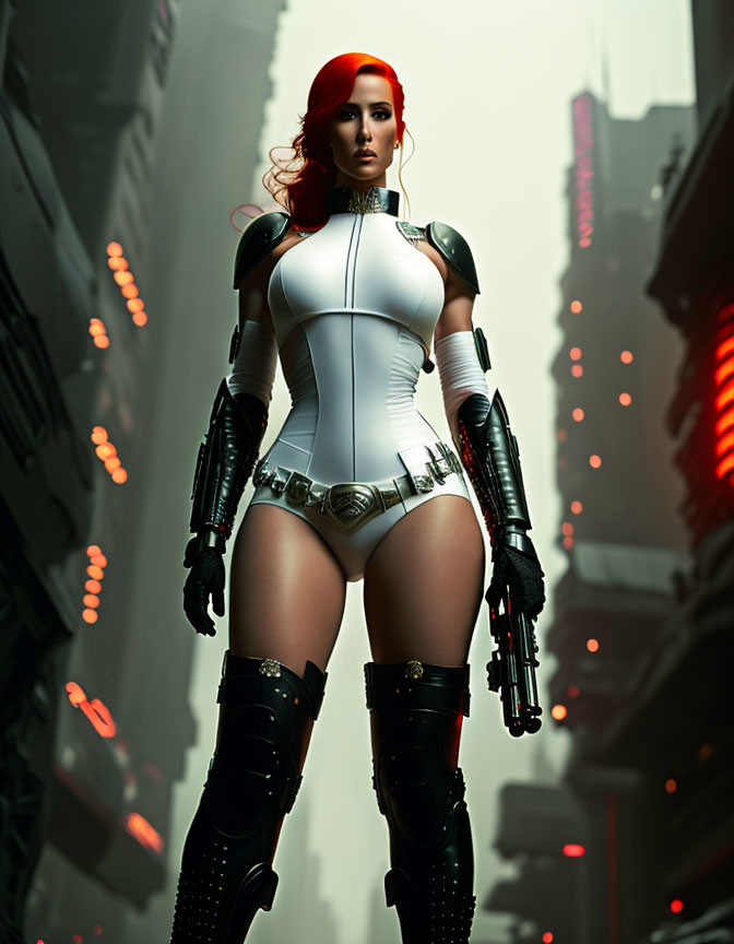 Futuristic woman in white and black bodysuit in neon-lit urban alleyway