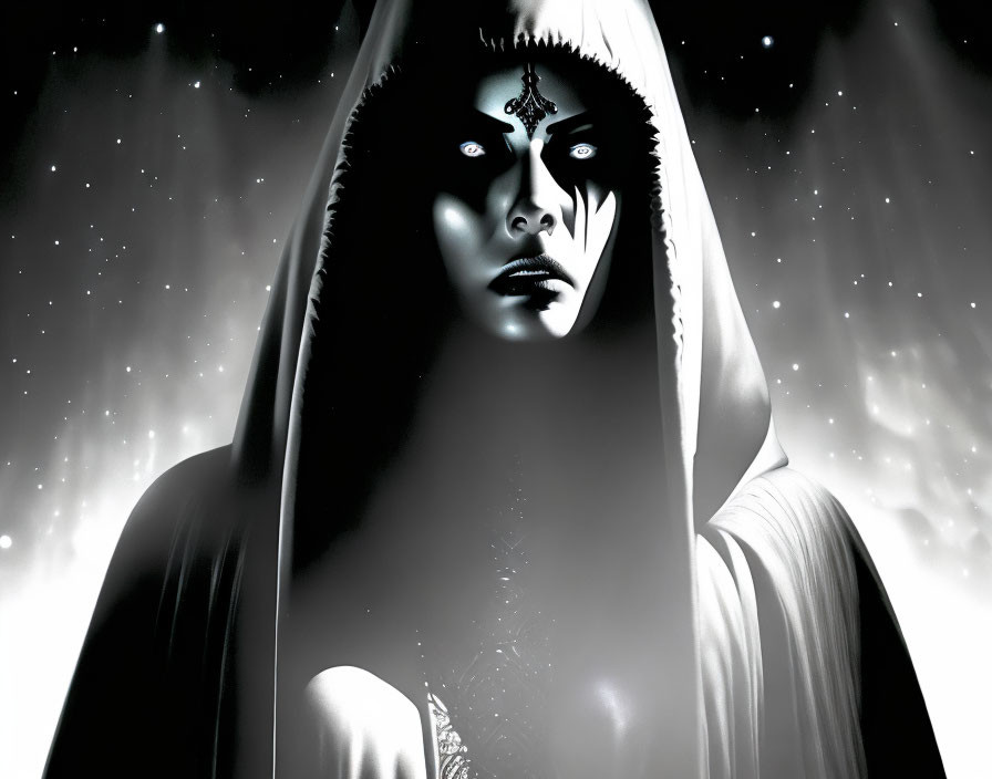 Hooded figure with intense eyes and forehead mark in starry setting