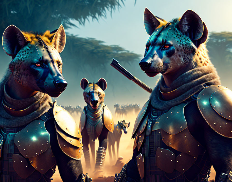 Anthropomorphic hyenas in medieval armor on battlefield