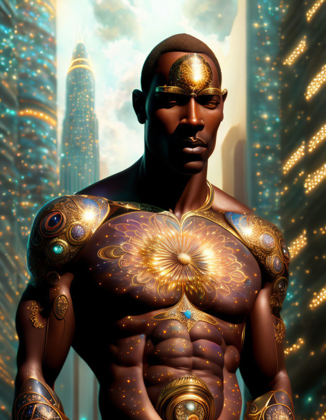 Man with Golden Patterns Standing Before Futuristic Skyscrapers