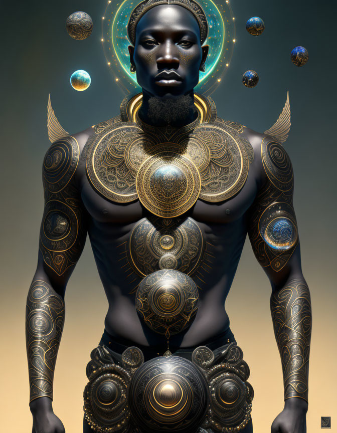 Illustrated portrait of a person in golden armor with tattoos on gradient background.