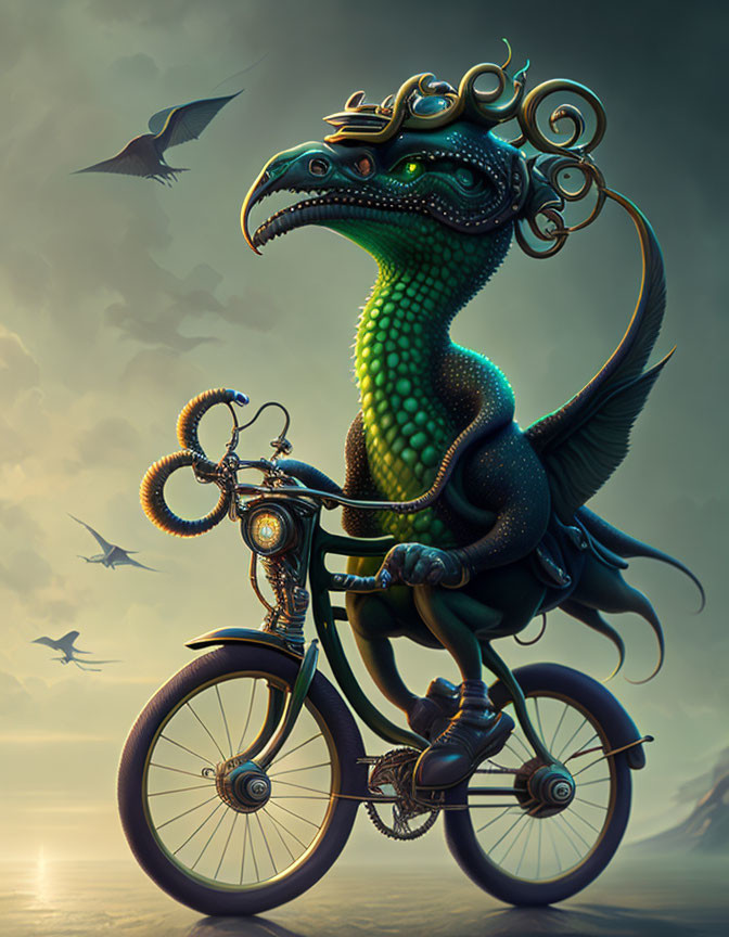 Green Dragon with Golden Headgear Riding Bicycle with Birds