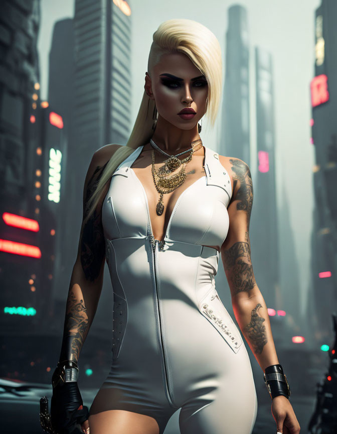 Tattooed woman in white bodysuit amidst futuristic cityscape